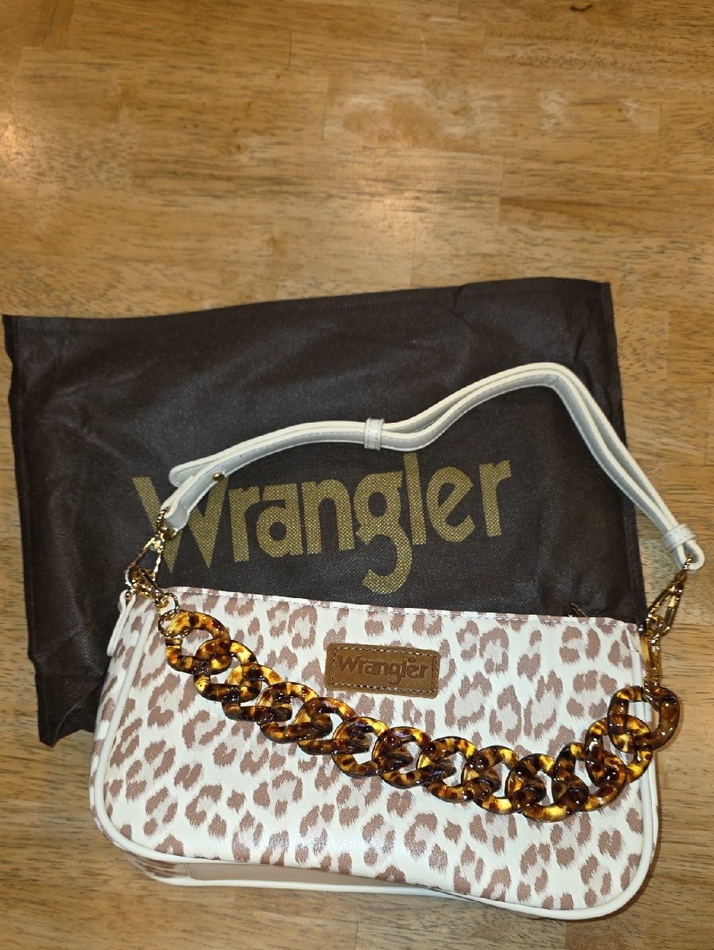 Wrangler Leopard-Print Shoulder Bag in Cream and Brown with Tortoiseshell Chain